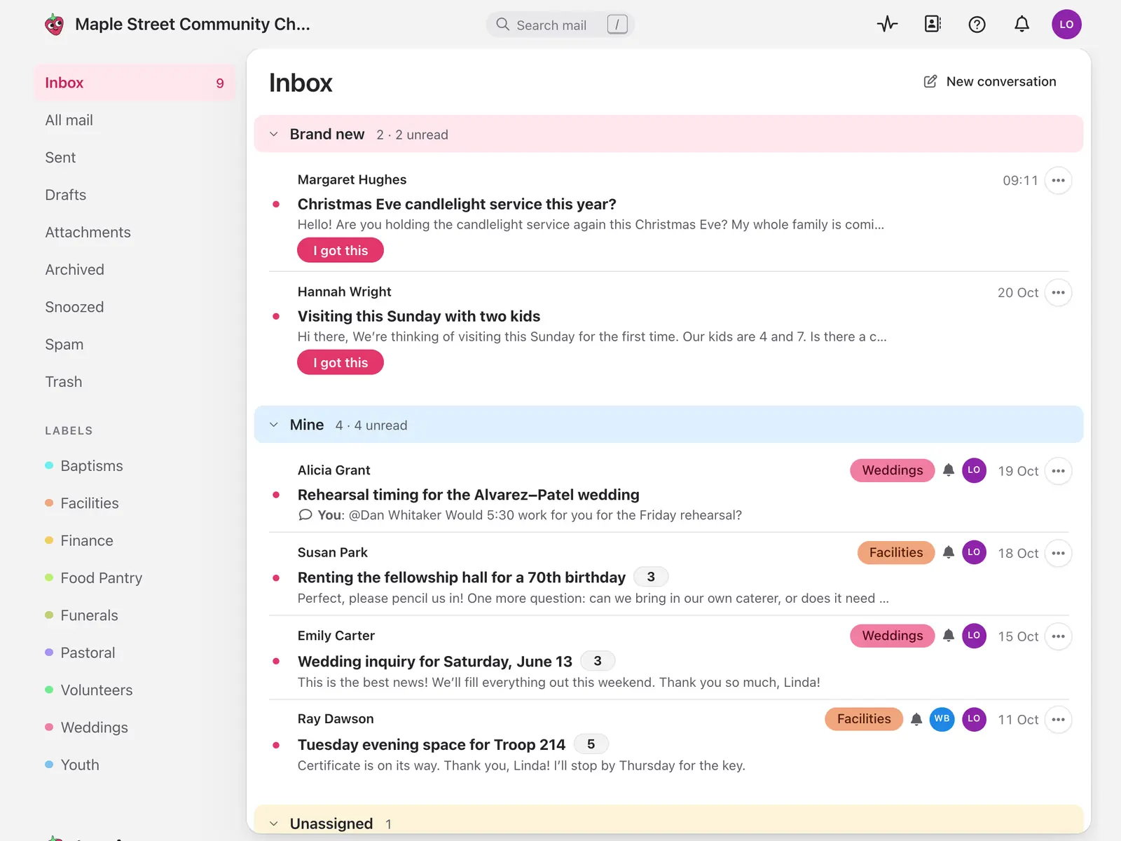 Jelly's inbox for a church team: conversations grouped into Brand new, Mine and Unassigned, each with labels and the initials of the people following it